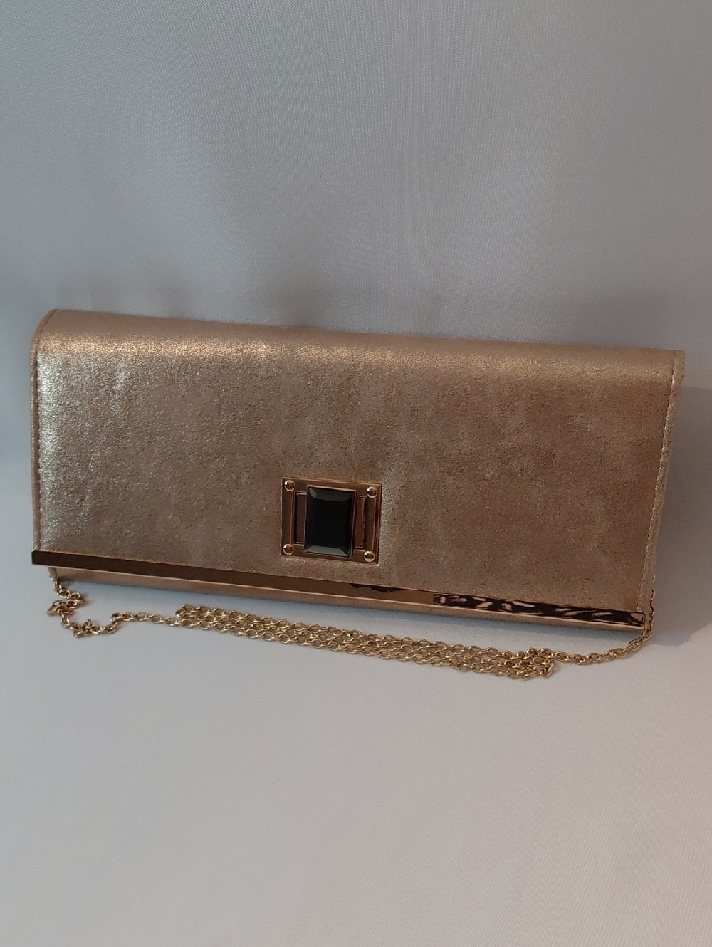 Metallic Gold Evening Clutch with Black Gem Accent